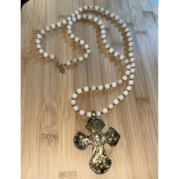 Betsy Pittard Design Jewelry - BPD Betsy Pittard Design Necklace Cream Gem Gold Tone Spacers Cross Chunky 40"